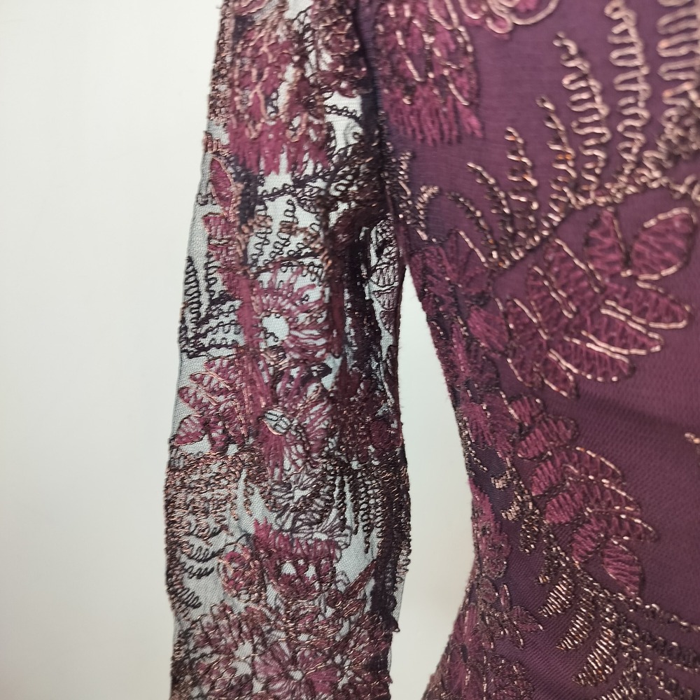 Tadashi Shoji Lace Embroidered Sheath Dress 2 Sheer Overlay Cocktail Raisin - Picture 10 of 14